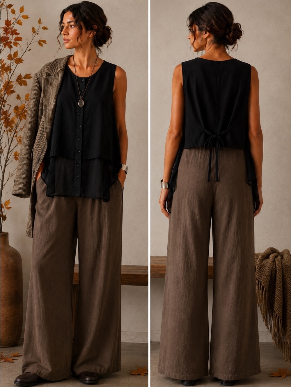 Matthildur Black Lagenlook Minimalist Business Casual Cotton Vest Tunic Top M